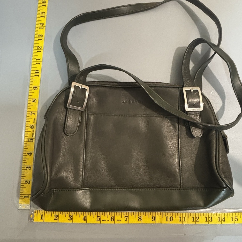 Stone & Co Leather Shoulder‎ Bag Purse Dark Green Zip Pocket Double Strap Flawed